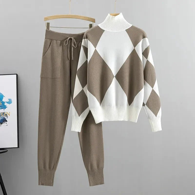 Women's Matching Outfit – Geometric High-Neck Sweater & Tapered Trouser Set