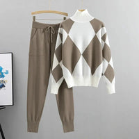 Women's Matching Outfit – Geometric High-Neck Sweater & Tapered Trouser Set