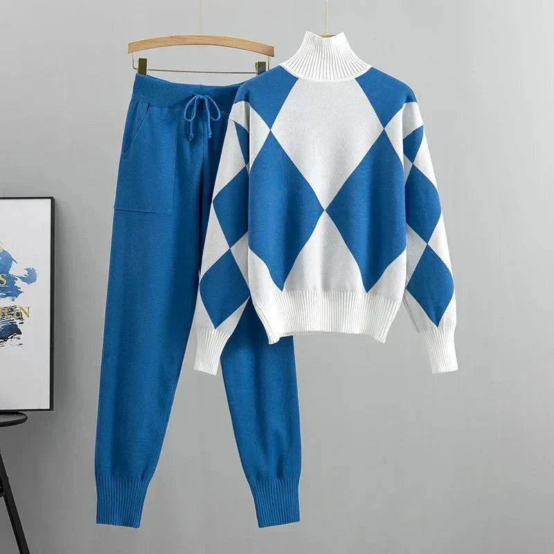 Women's Matching Outfit – Geometric High-Neck Sweater & Tapered Trouser Set
