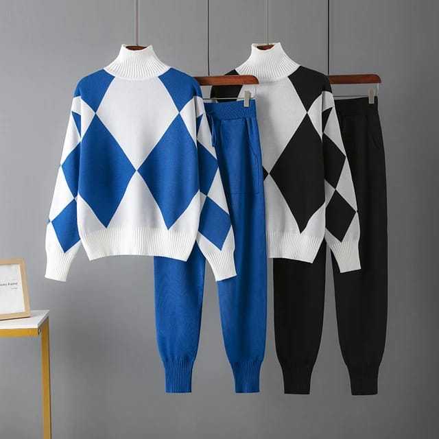 Women's Matching Outfit – Geometric High-Neck Sweater & Tapered Trouser Set