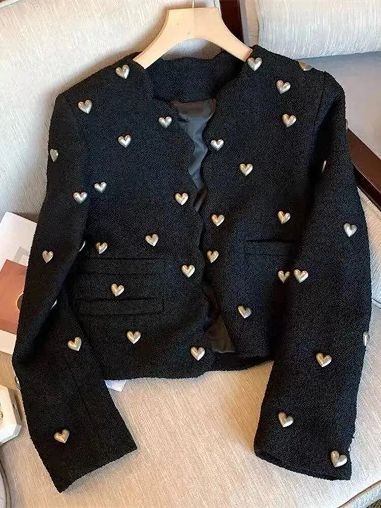 Women's Blazer – Heart Embellished Cropped Collar