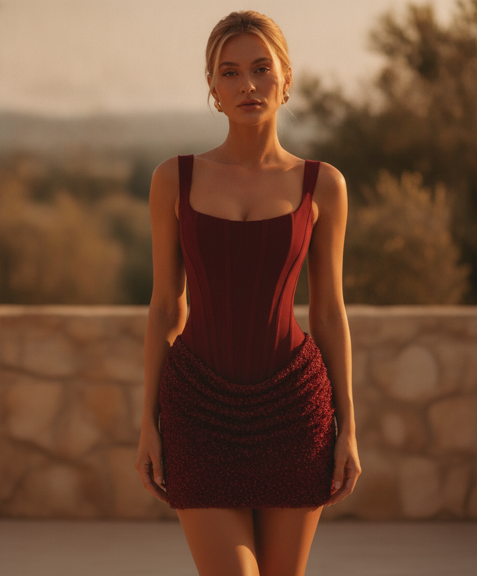 Women's Katarina – British Square Neck Corset Bodycon Mini Dress in Wine Red | Invictora.com