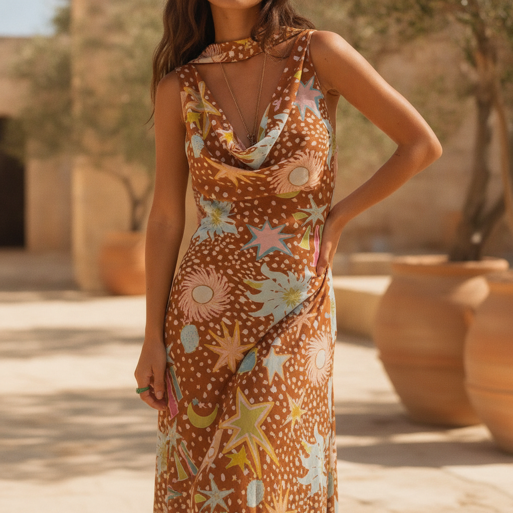 Women's Delia - Cowl Neck Halter House Dress Brown Fawn Print product image | Invictora.com