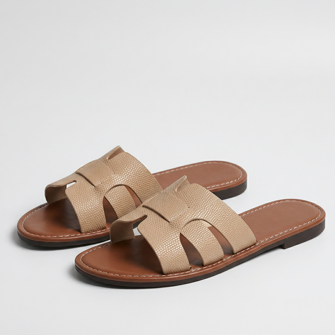 Women's Flat Slide Sandals – Leather Look Elegance in Beige | Invictora.com