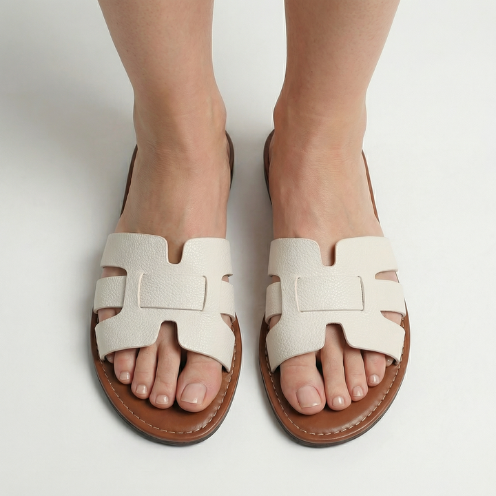 Women's Flat Slide Sandals – Leather Look Elegance in Beige | Invictora.com