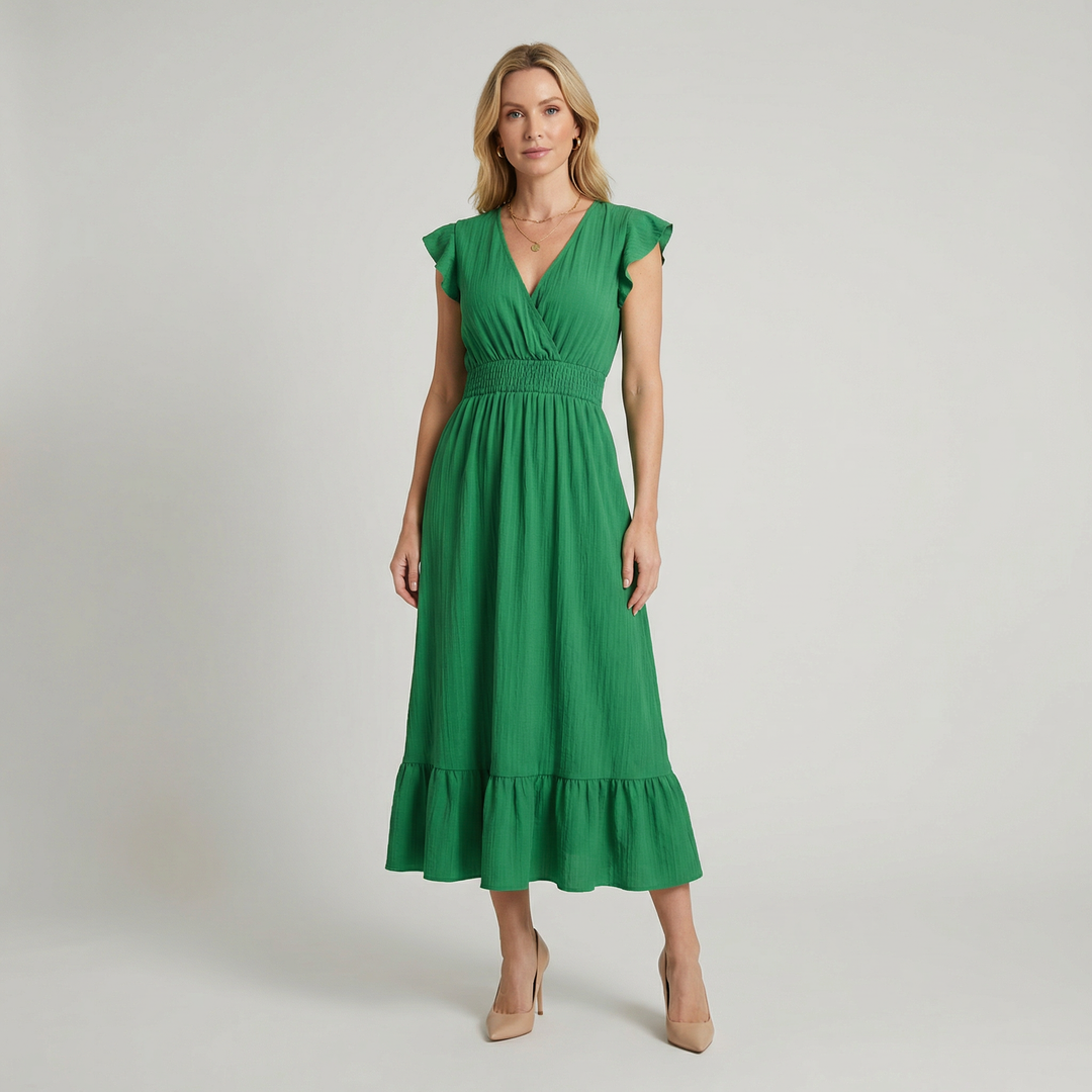 Women's V-Neck Midi Dress - Shirred Waist Elegant Summer Fit product image | Invictora.com
