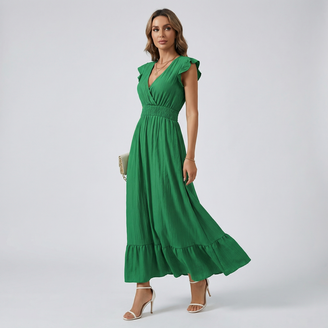 Women's V-Neck Midi Dress - Shirred Waist Elegant Summer Fit product image | Invictora.com
