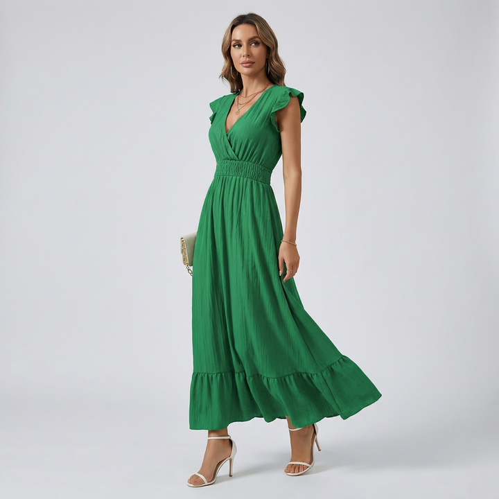 Women's V-Neck Midi Dress - Shirred Waist Elegant Summer Fit product image | Invictora.com