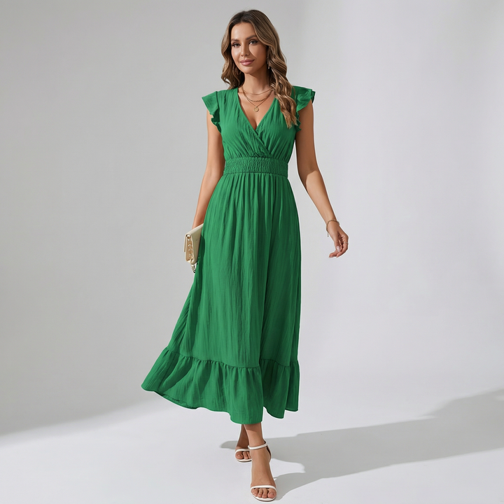 Women's V-Neck Midi Dress - Shirred Waist Elegant Summer Fit product image | Invictora.com