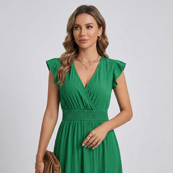 Women's V-Neck Midi Dress - Shirred Waist Elegant Summer Fit product image | Invictora.com