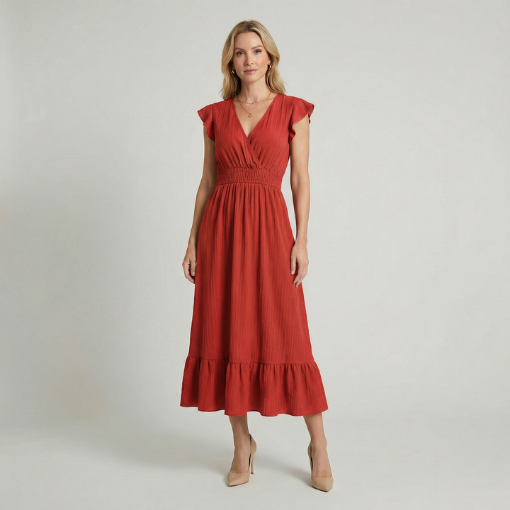 Women's V-Neck Midi Dress - Shirred Waist Elegant Summer Fit product image | Invictora.com