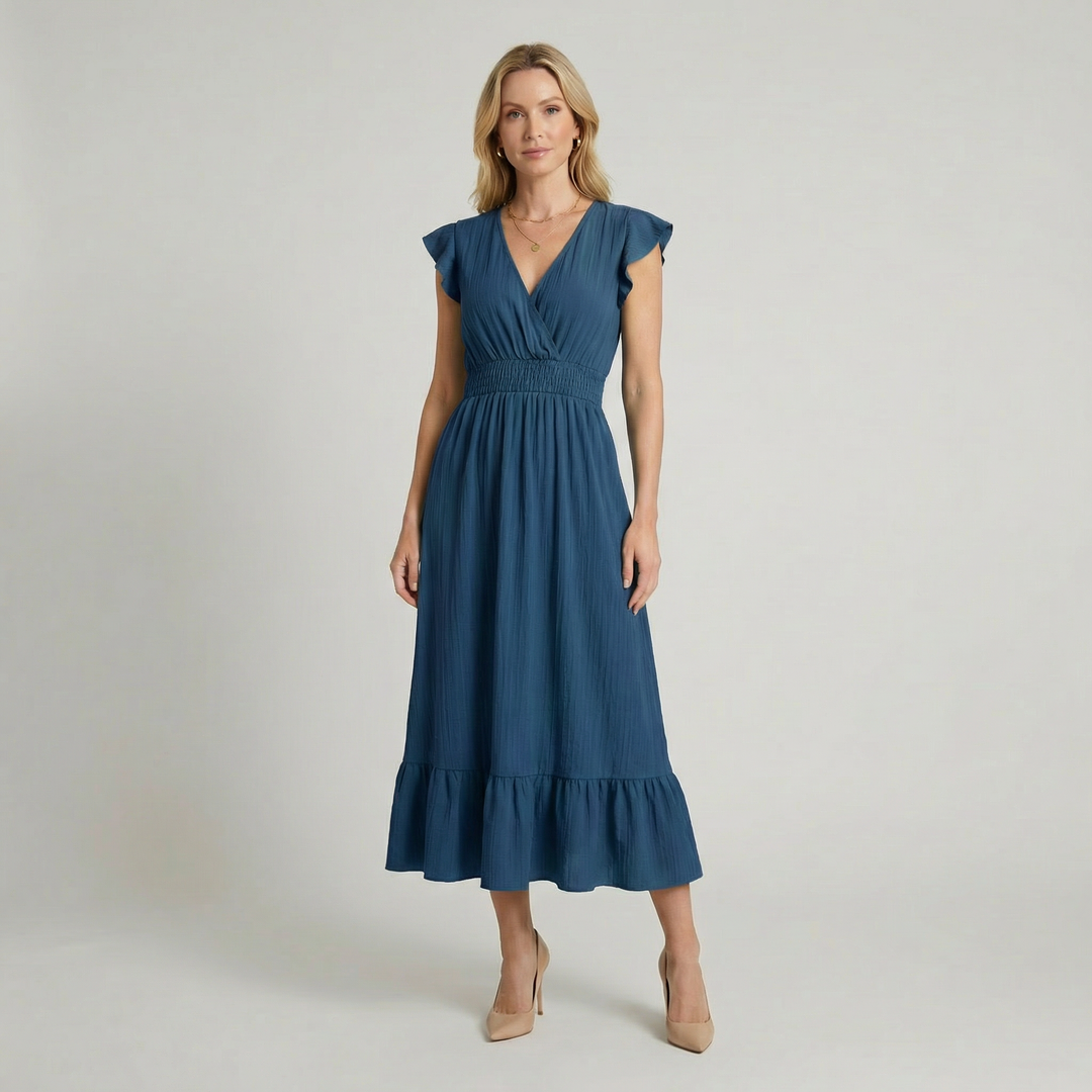 Women's V-Neck Midi Dress - Shirred Waist Elegant Summer Fit product image | Invictora.com