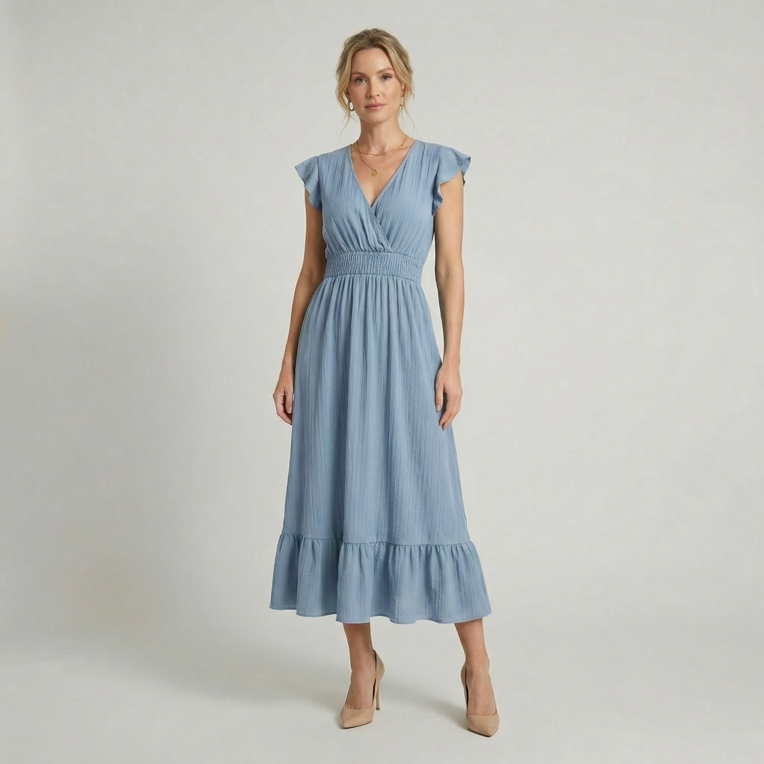 Women's V-Neck Midi Dress – Shirred Waist Elegant Summer Fit in Navy | Invictora.com