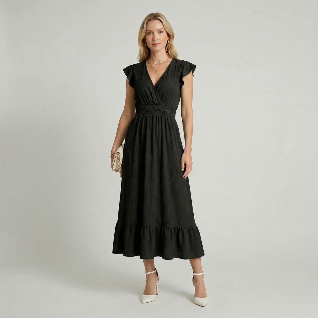 Women's V-Neck Midi Dress - Shirred Waist Elegant Summer Fit product image | Invictora.com