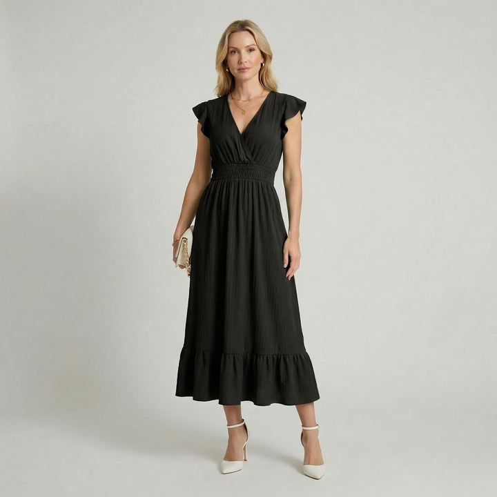 Women's V-Neck Midi Dress - Shirred Waist Elegant Summer Fit product image | Invictora.com