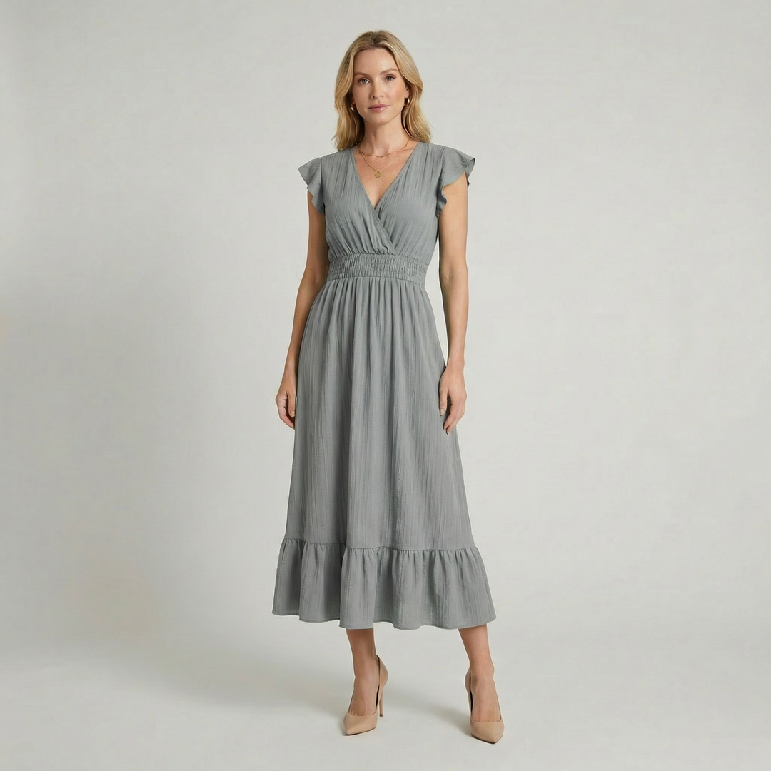 Women's V-Neck Midi Dress - Shirred Waist Elegant Summer Fit product image | Invictora.com