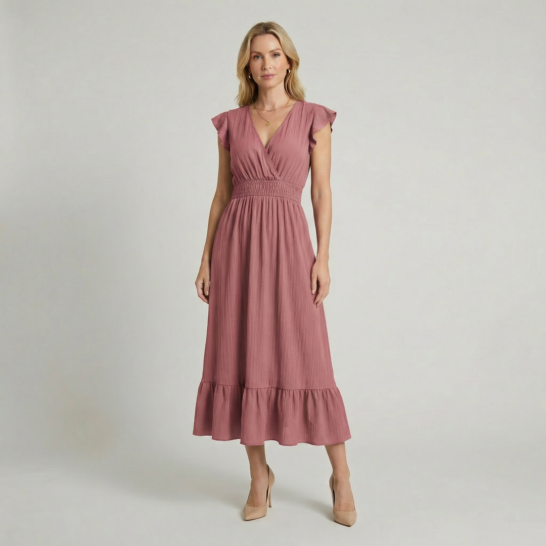 Women's V-Neck Midi Dress – Shirred Waist Elegant Summer Fit in Navy | Invictora.com