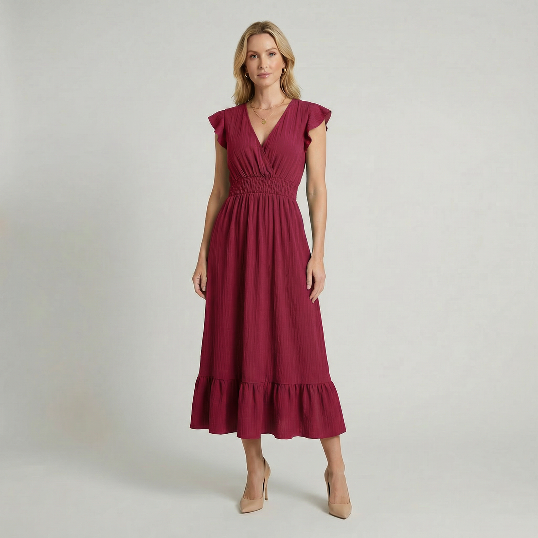 Women's V-Neck Midi Dress – Shirred Waist Elegant Summer Fit in Blue | Invictora.com