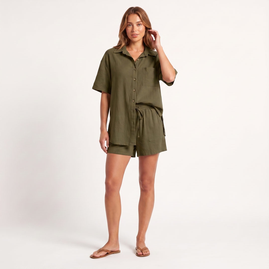 Women's Maeve Women's Co-Ord Set – Shirt & Shorts Short-Sleeve Camp-Collar Two-Piece in Green | Invictora.com