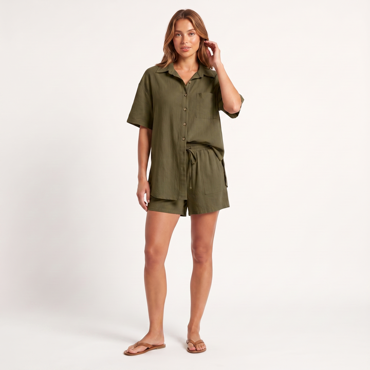 Women's Maeve Women's Co-Ord Set – Shirt & Shorts Short-Sleeve Camp-Collar Two-Piece in Green | Invictora.com