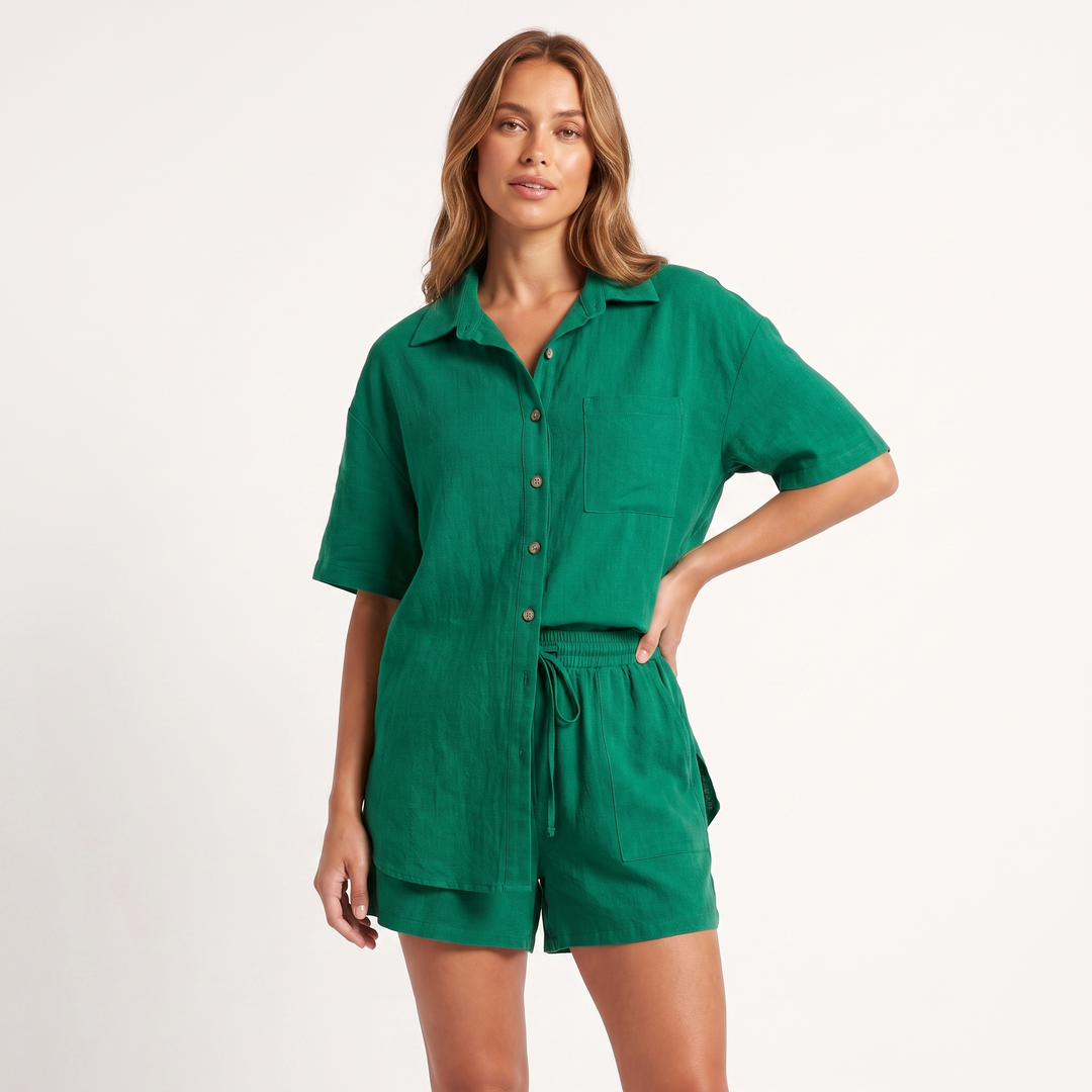 Women's Maeve Women's Co-Ord Set – Shirt & Shorts Short-Sleeve Camp-Collar Two-Piece in Green | Invictora.com