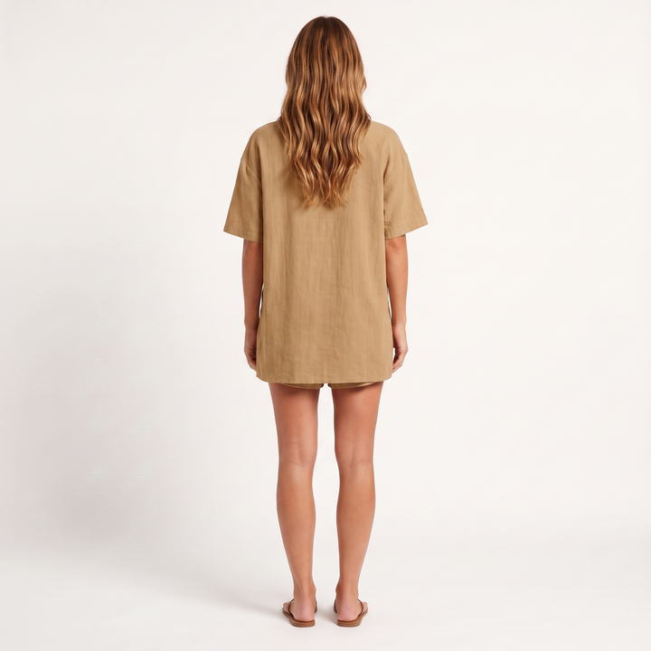 Women's Maeve Women's Co-Ord Set – Shirt & Shorts Short-Sleeve Camp-Collar Two-Piece in Light Brown | Invictora.com
