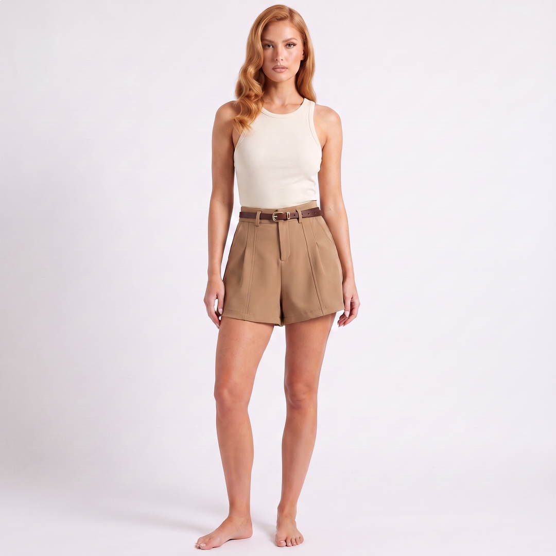 Women's Maeve Women's Tailored Shorts – High-Waisted Wide-Leg with Belt in Khaki | Invictora.com