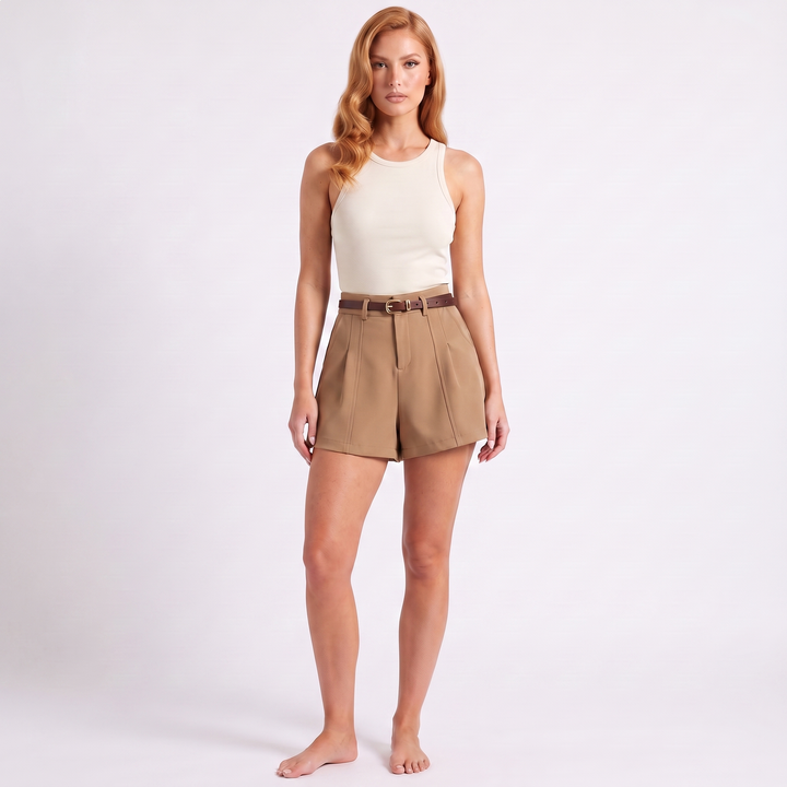 Women's Maeve Women's Tailored Shorts – High-Waisted Wide-Leg with Belt in Khaki | Invictora.com
