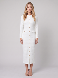 Women's Midi Dress – Gold-Button Tweed Long-Sleeve