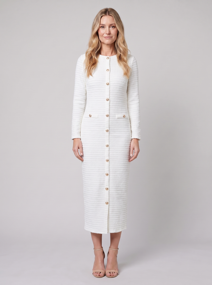 Women's Midi Dress – Gold-Button Tweed Long-Sleeve