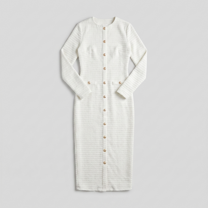 Women's Midi Dress – Gold-Button Tweed Long-Sleeve
