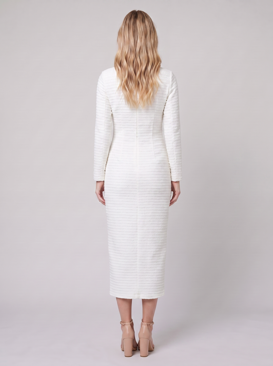 Women's Midi Dress – Gold-Button Tweed Long-Sleeve