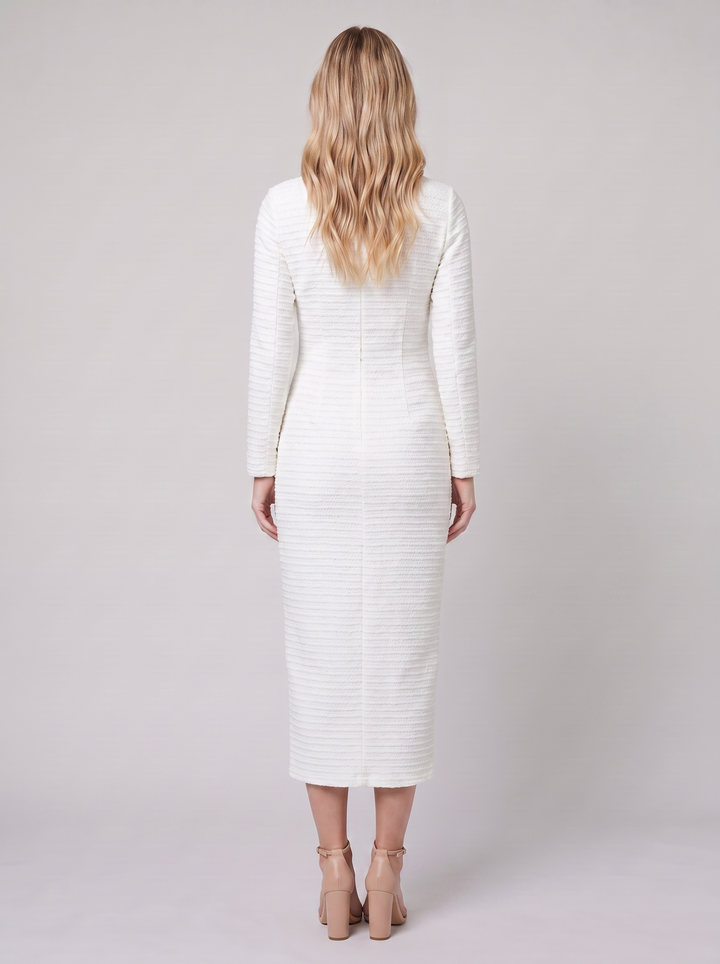 Women's Midi Dress – Gold-Button Tweed Long-Sleeve