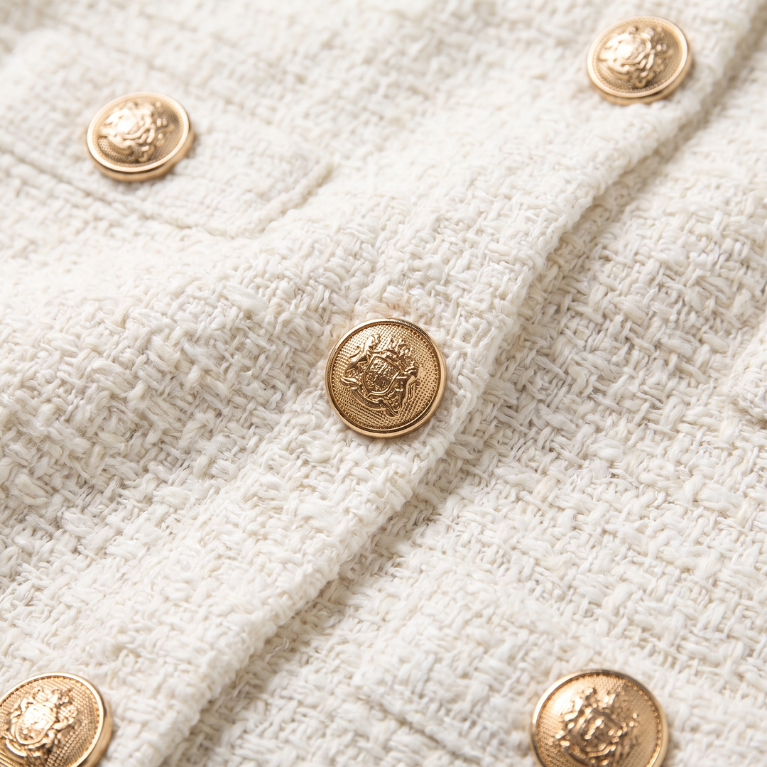 Women's Midi Dress – Gold-Button Tweed Long-Sleeve