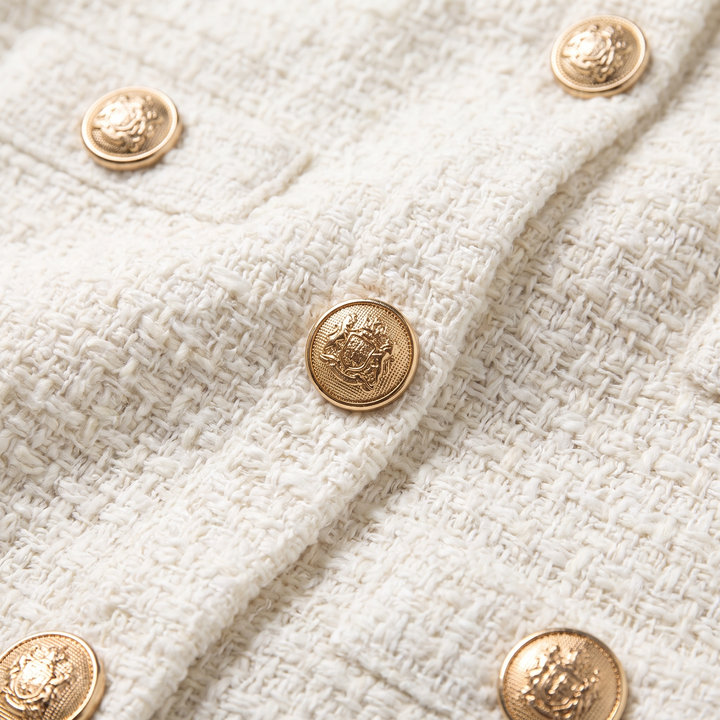 Women's Midi Dress – Gold-Button Tweed Long-Sleeve