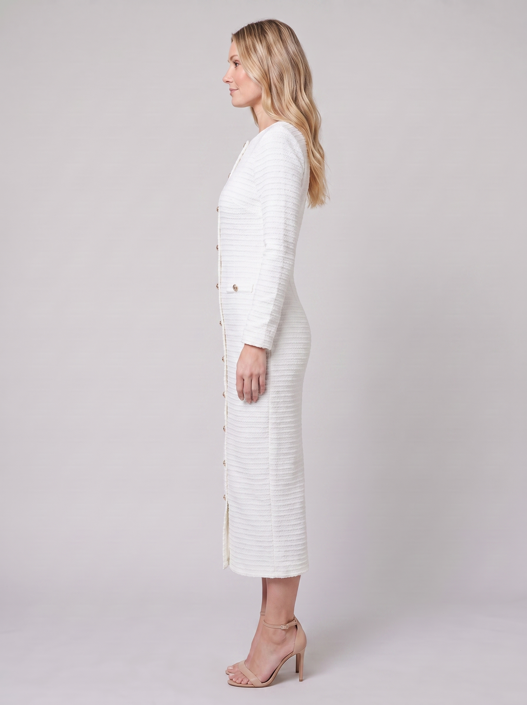 Women's Midi Dress – Gold-Button Tweed Long-Sleeve