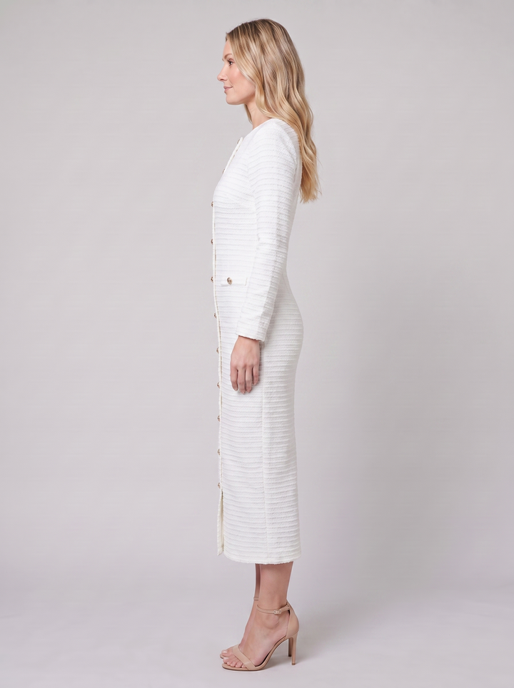 Women's Midi Dress – Gold-Button Tweed Long-Sleeve