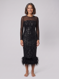 Women's Midi Dress – Sequin Feather-Trim Christmas Party