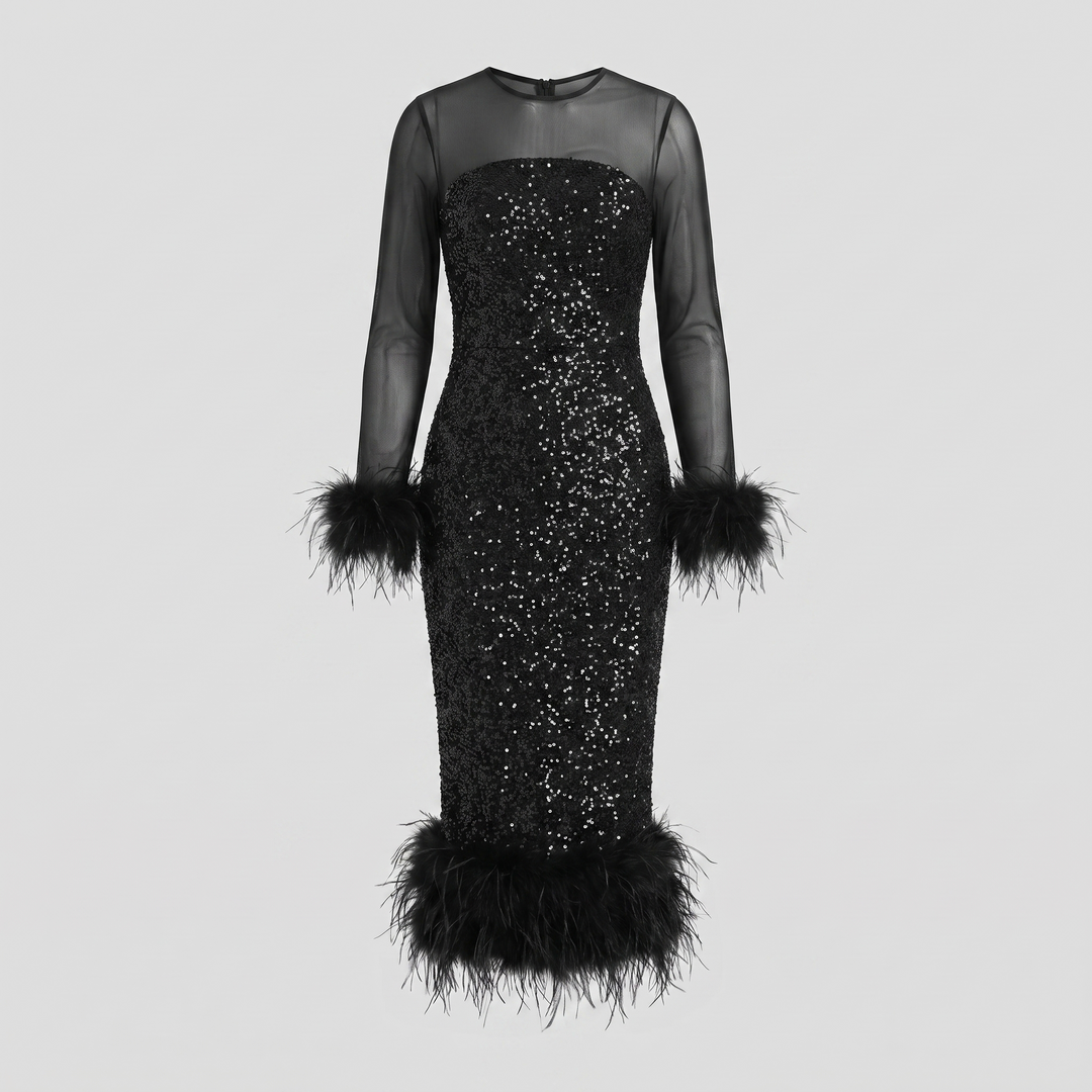 Women's Midi Dress – Sequin Feather-Trim Christmas Party