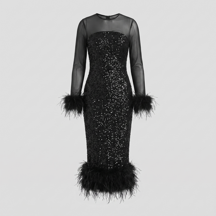 Women's Midi Dress – Sequin Feather-Trim Christmas Party