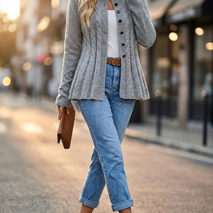 Women's Cardigan – Cable-Knit Fitted Peplum Button