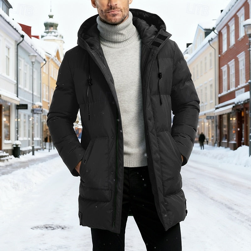 Longline Puffer Coat with Drawstring Hood and Deep Pockets