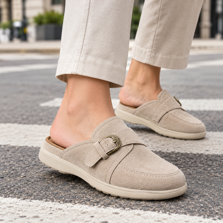 Women's Morosini Buckle Mules in Apricot | Invictora.com