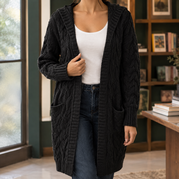 Women's Open-Front Hooded Cable-Knit Long Cardigan