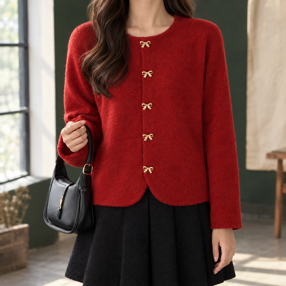 Women's Boxy Round-Neck Cardigan with Bow Buttons