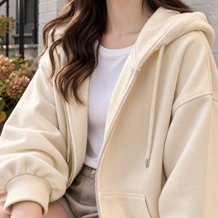 Women's Nina-Pearl Relaxed Zip Hoodie in Apricot Yellow | Invictora.com