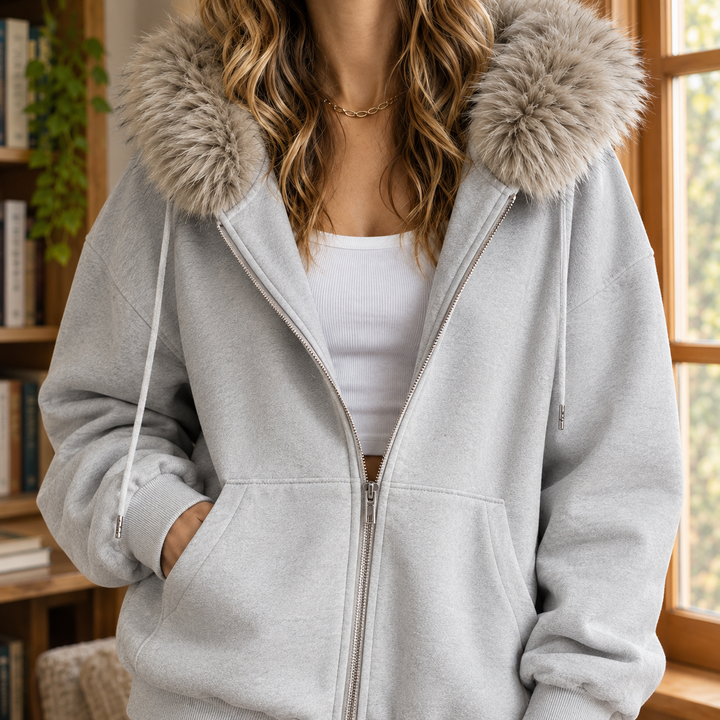 Women's Ardith Fur Trim Hoodie in Light Gray | Invictora.com