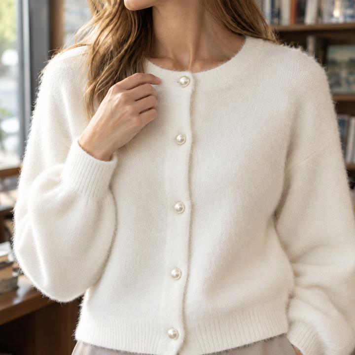 Women's Oriane-Claire Pearl Button Cardigan in Milky White | Invictora.com
