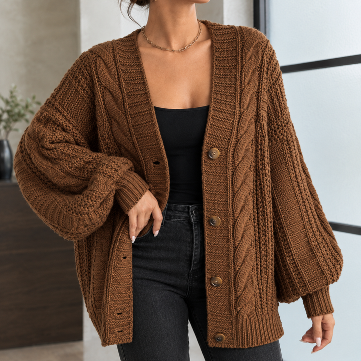 Women's Balloon-Sleeve Oversized Cable-Knit Cardigan