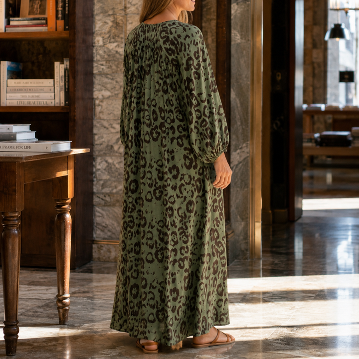 Women's Edith Leopard Maxi Dress in Dark Green | Invictora.com